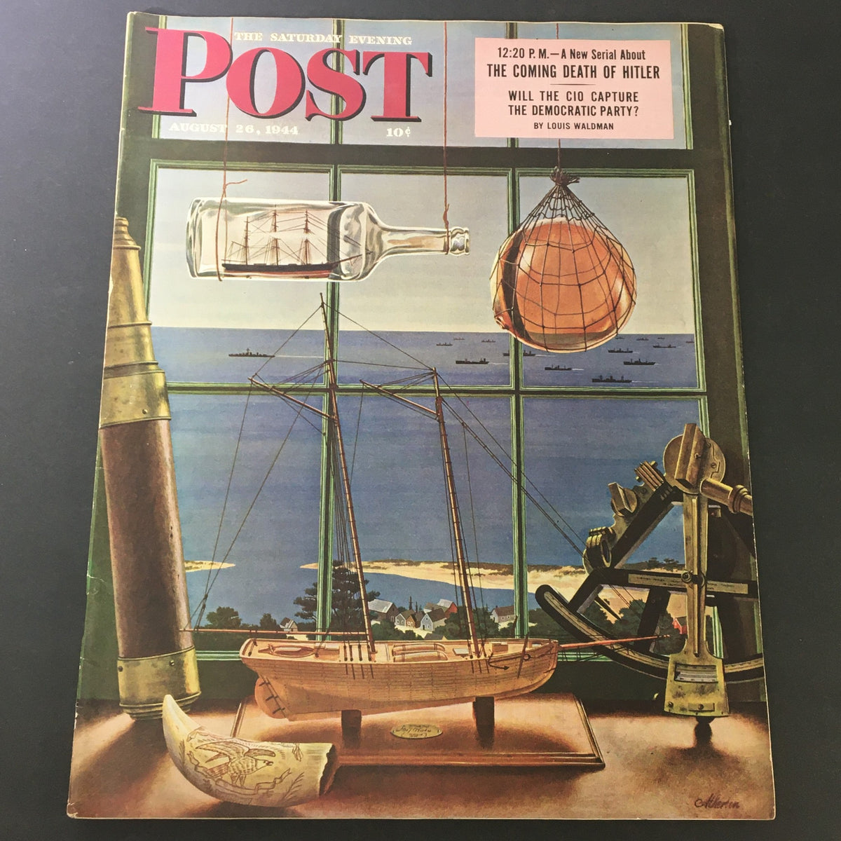 VTG The Saturday Evening Post August 26 1944 magazine cover featuring articles on the Death of Adolf Hitler and a picturesque maritime scene with a model ship and a view of the ocean.