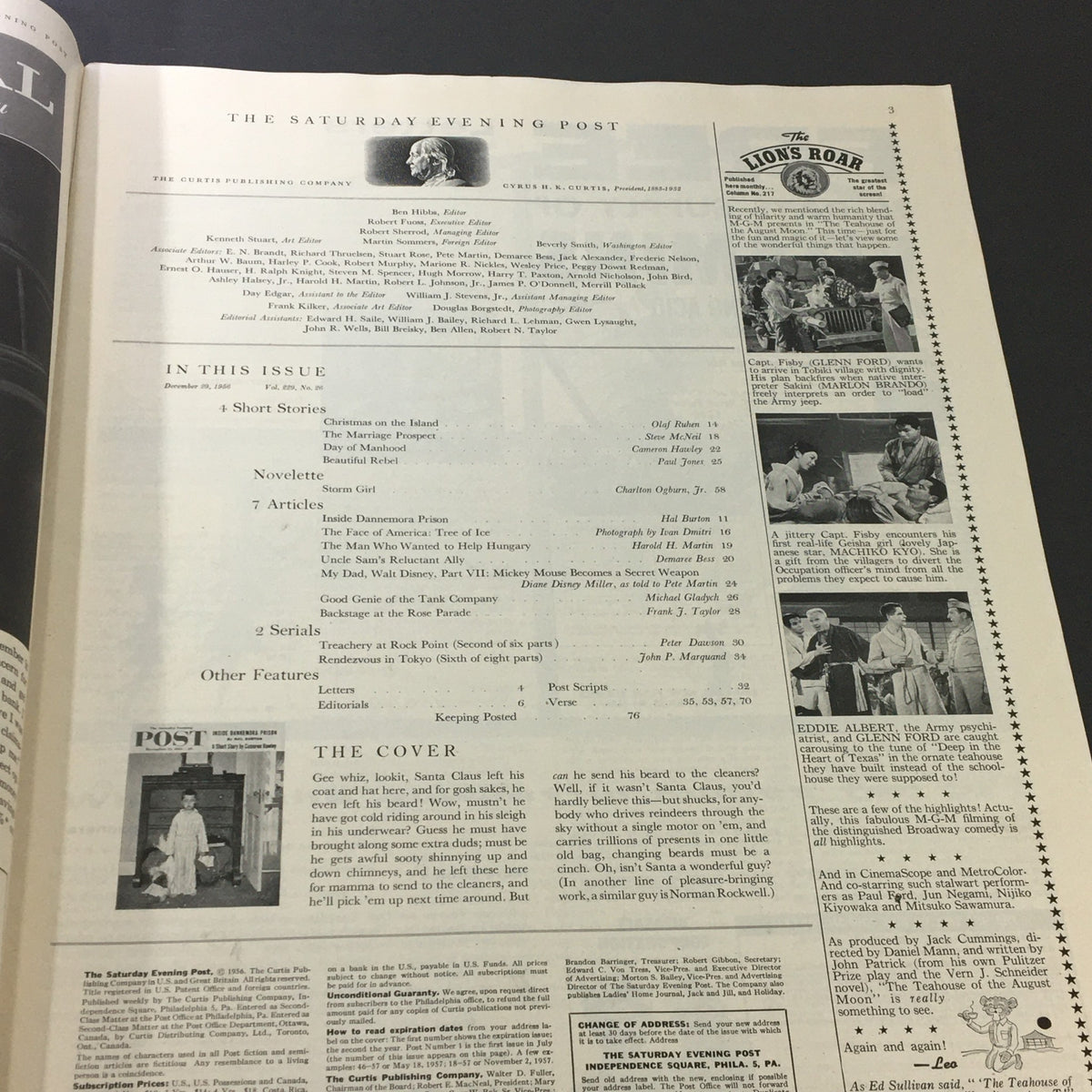 Inside page of VTG The Saturday Evening Post December 29 1956 listing the articles and features of the issue, including a preview of cover artwork.