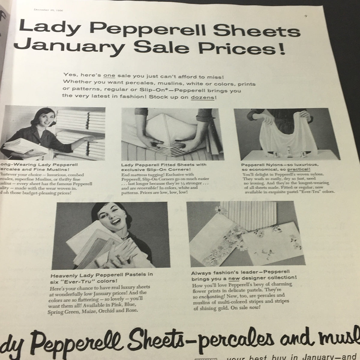 Advertisement page from VTG The Saturday Evening Post December 29 1956 showcasing Lady Pepperell sheets with descriptions of various products available at January sale prices.