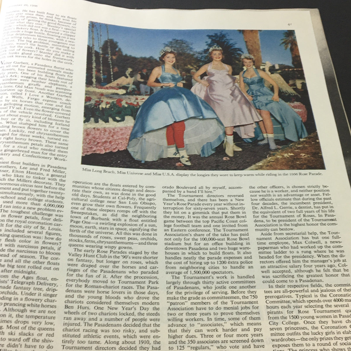 VTG The Saturday Evening Post December 29 1956 Norman Rockwell featuring Miss Long Beach, Miss Universe, and Miss U.S.A. dressed in elegant gowns, showcasing a moment at the 1956 Rose Parade.