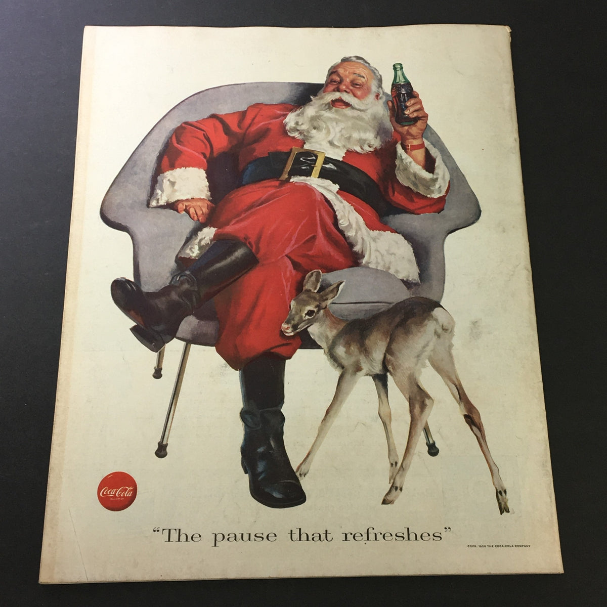 VTG The Saturday Evening Post December 29 1956 Norman Rockwell depicting Santa Claus relaxing with a Coke, accompanied by a deer, embodying holiday cheer and tradition.