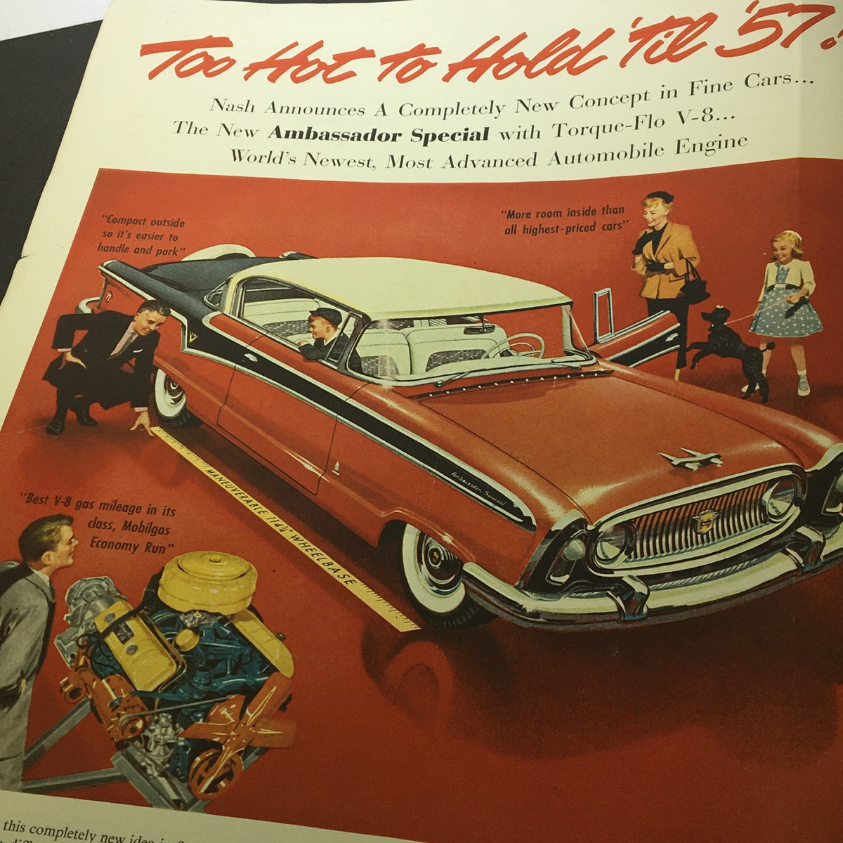 Vintage advertisement from VTG The Saturday Evening Post June 23 1956 showcasing the Nash Ambassador Special car with family and dog.