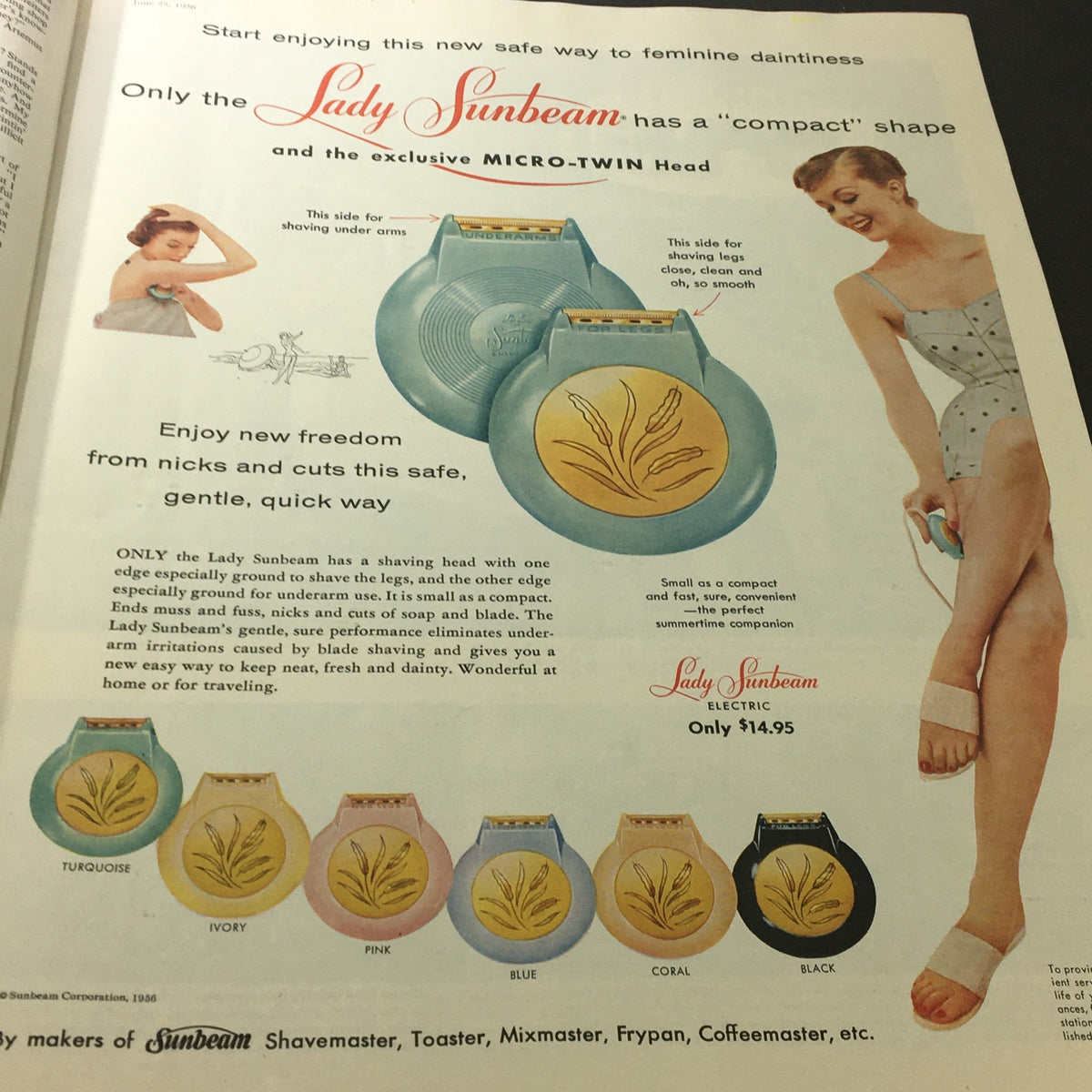 Image from VTG The Saturday Evening Post June 23 1956 displaying an advertisement for the Lady Sunbeam electric shaver, showcasing beauty trends and products from the era.