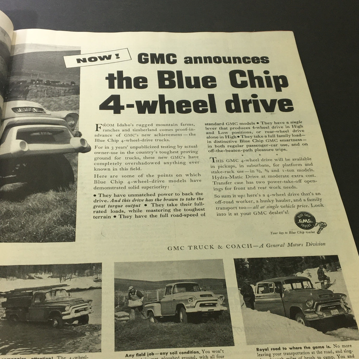 Article announcing GMC's Blue Chip 4-wheel drive trucks, showcasing rugged capabilities in The Saturday Evening Post June 23 1956, titled 'The Fall of Edie Markham'.