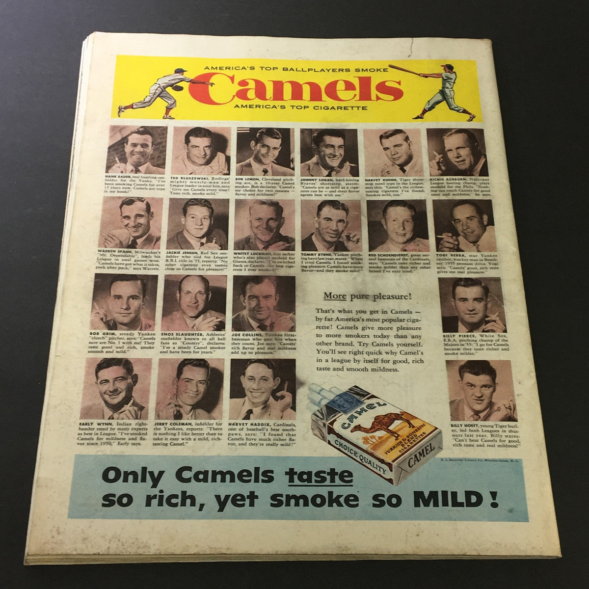 Vintage Camel cigarette advertisement featuring iconic baseball players, from The Saturday Evening Post June 23 1956, titled 'The Fall of Edie Markham'.