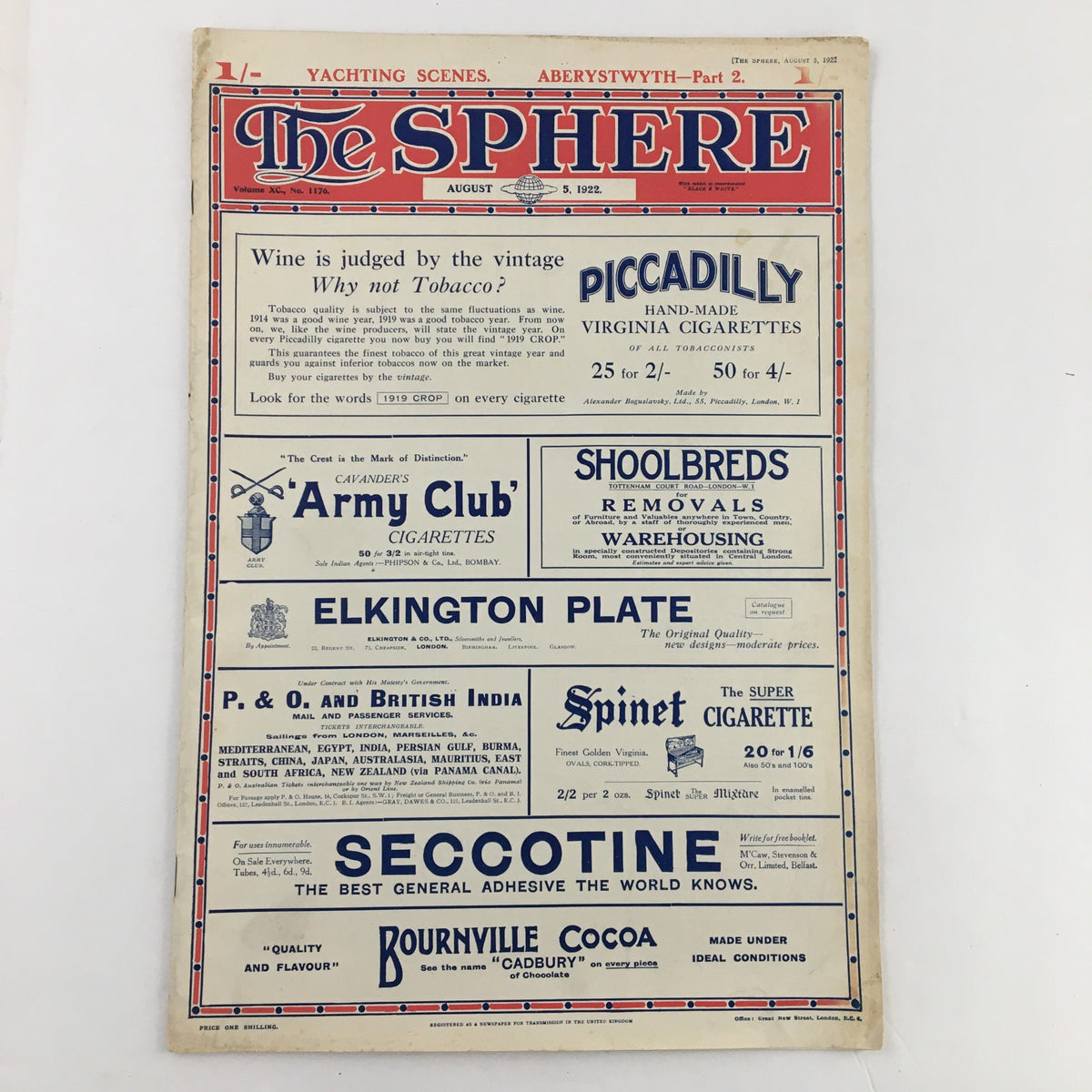 The Sphere Newspaper August 5, 1922 cover with advertisements, reflecting the vintage design and historical context of early 20th-century publications.