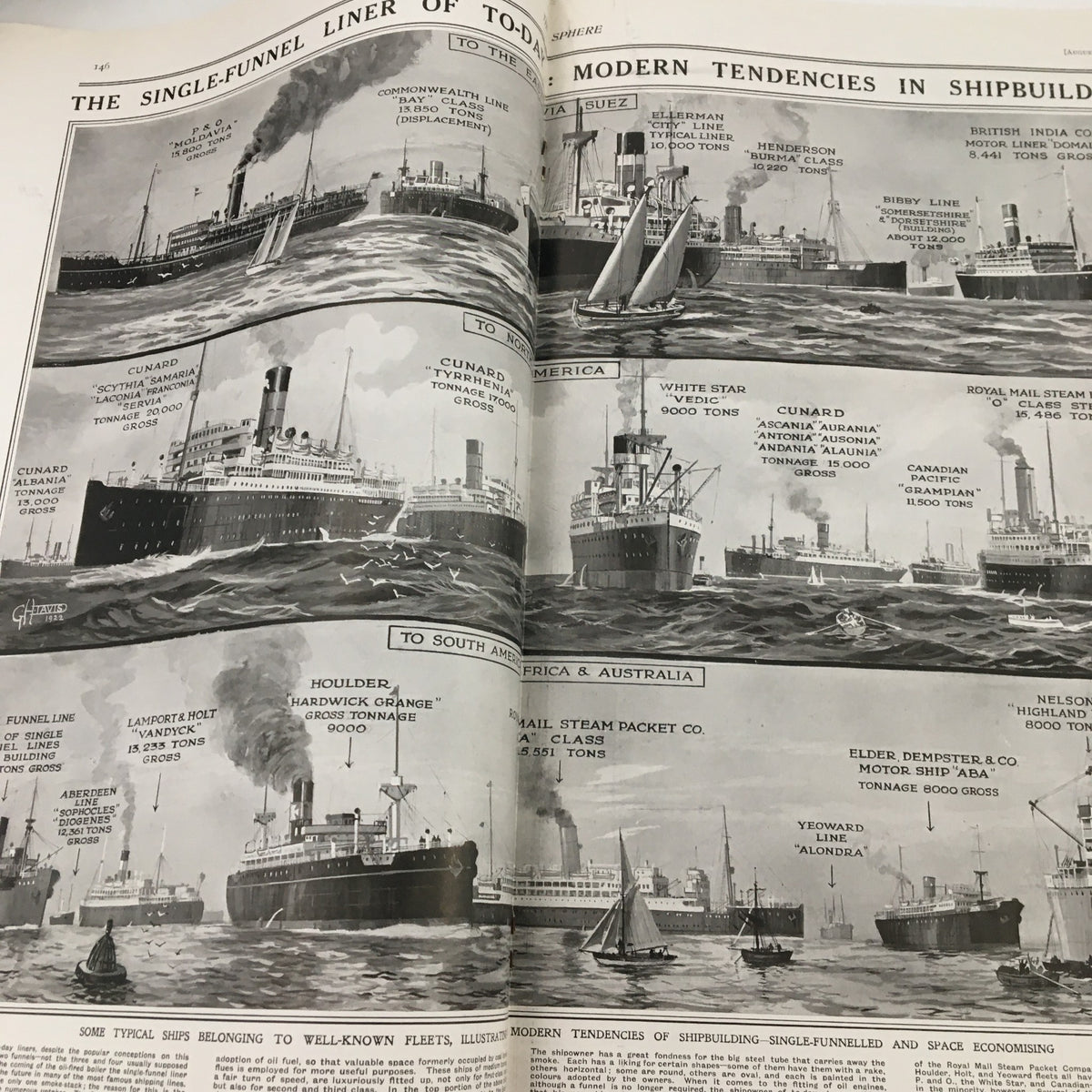 The Sphere Newspaper August 5, 1922, featuring images of single-funnel liners of the time, illustrating significant trends in ship construction and design.