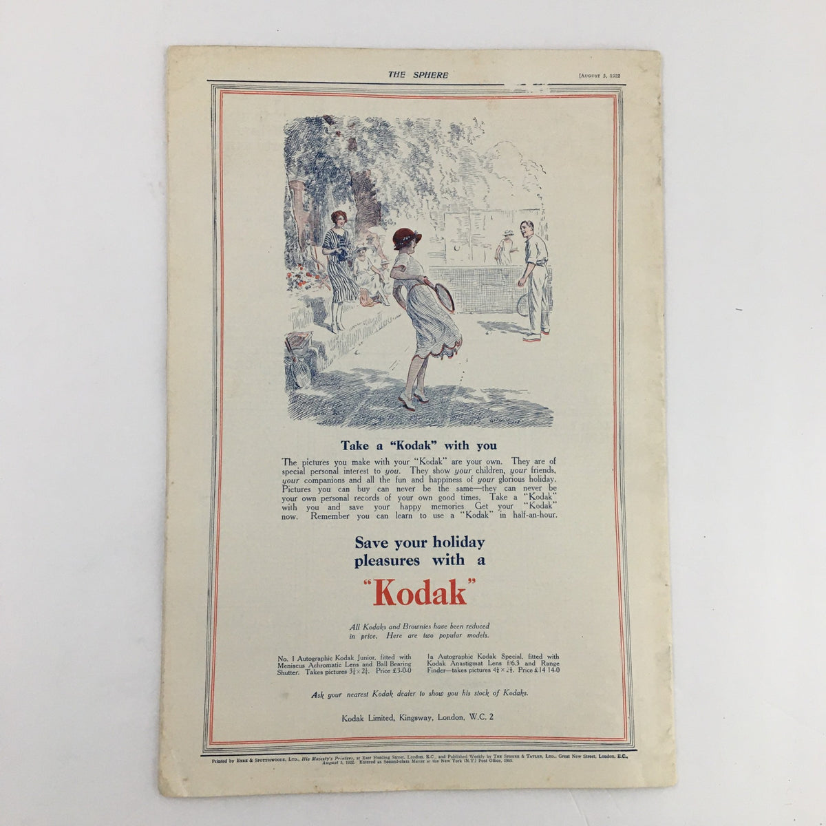 The Sphere Newspaper August 5, 1922, presenting an advertisement with a nostalgic scene of children playing, promoting Kodak cameras for holiday memories.