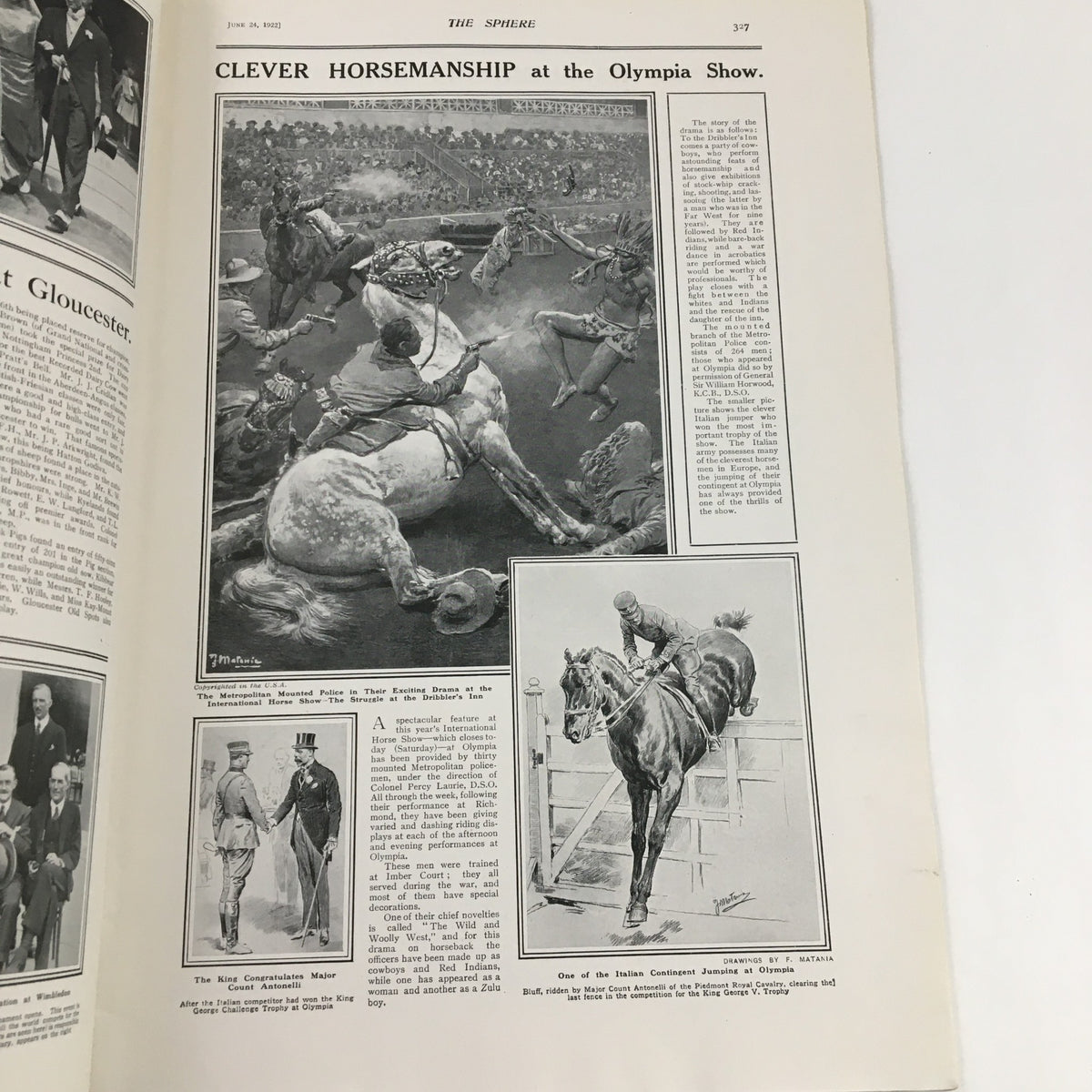 Page from The Sphere Newspaper June 24 1922 depicting horse riding events at the Olympia Show, emphasizing the entertainment culture of the time.