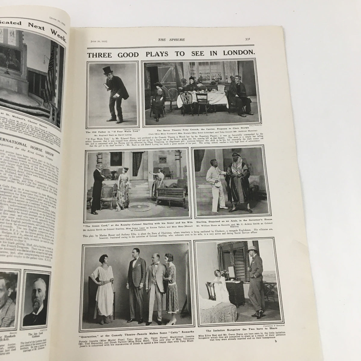 Theatre recommendations shown in The Sphere Newspaper June 24 1922, listing three plays to see in London, highlighting the performing arts of the era.