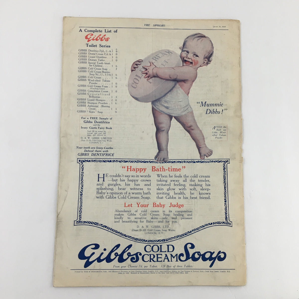 The Sphere Newspaper June 24 1922, featuring the return of The Prince of Wals, accompanied by a vintage advertisement for Gibbs Cold Cream Soap.