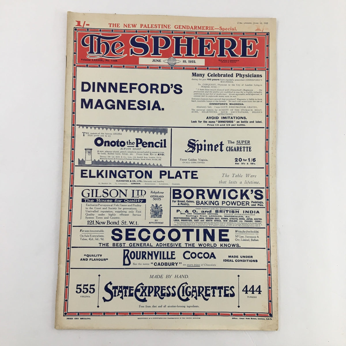Cover page of The Sphere Newspaper from June 10, 1922, featuring an advertisement for Dineford's Magnesia and promoting various products, highlighting The King's Birthday & The Horse Guards Palace.