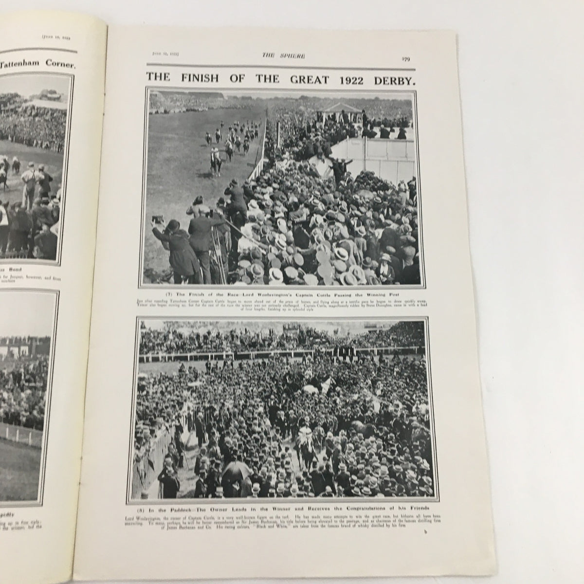 An article spread from The Sphere Newspaper dated June 10, 1922, showing the crowd at the finish of the Great 1922 Derby, celebrating The King's Birthday & The Horse Guards Palace.