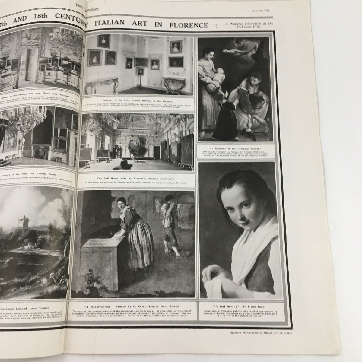 A detailed page from The Sphere Newspaper, June 10, 1922, showcasing 17th and 18th-century Italian art, in connection with The King's Birthday & The Horse Guards Palace.
