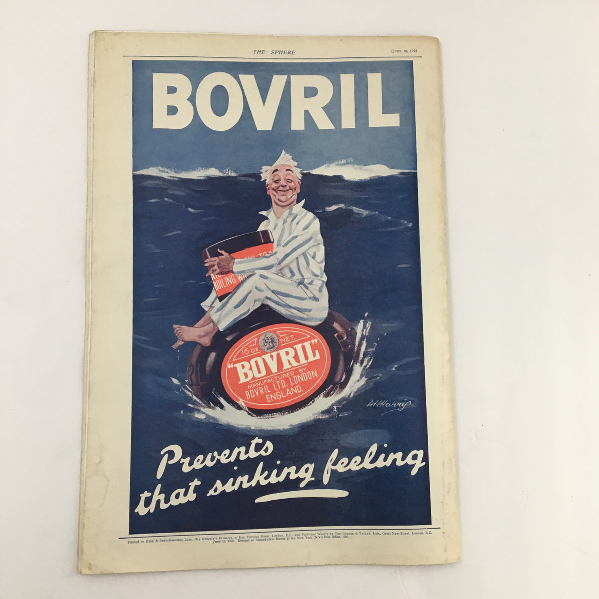 Advertisement for Bovril featured on the back cover of The Sphere Newspaper, June 10, 1922, promoting the brand while celebrating The King's Birthday & The Horse Guards Palace.