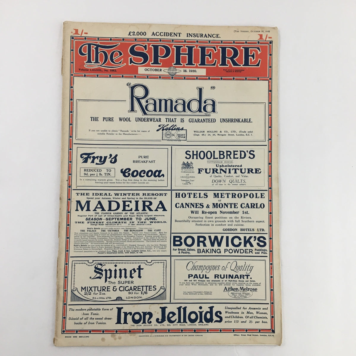 The Sphere Newspaper October 16, 1920, showcasing advertisements, highlighting brands and products of the time.