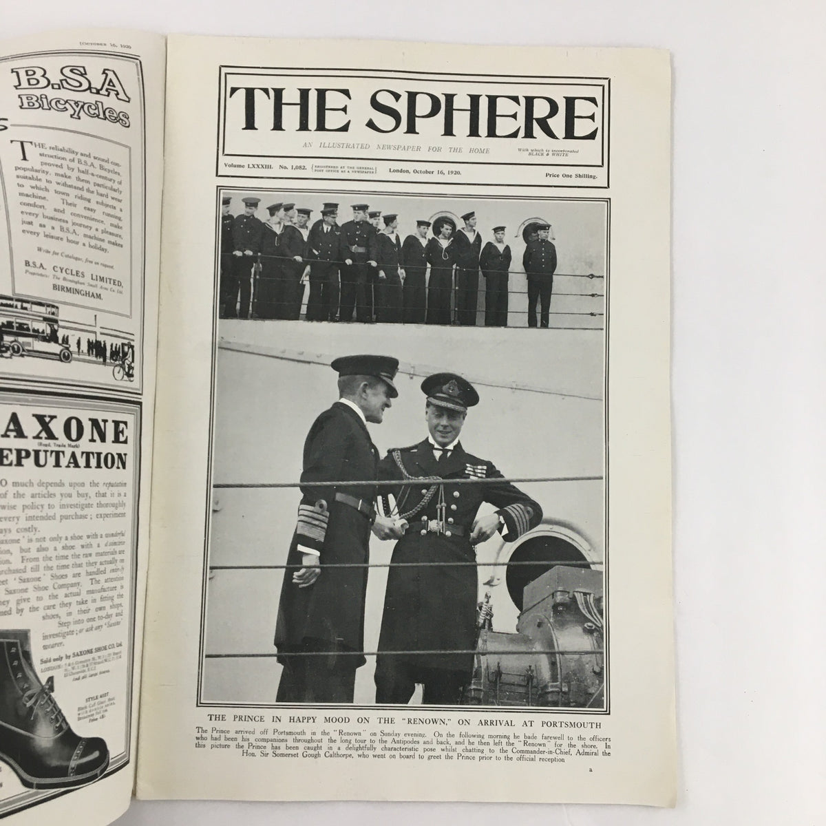 The Sphere Newspaper from October 16, 1920, featuring The Prince on the deck of the 'Renown' upon arrival at Portsmouth.