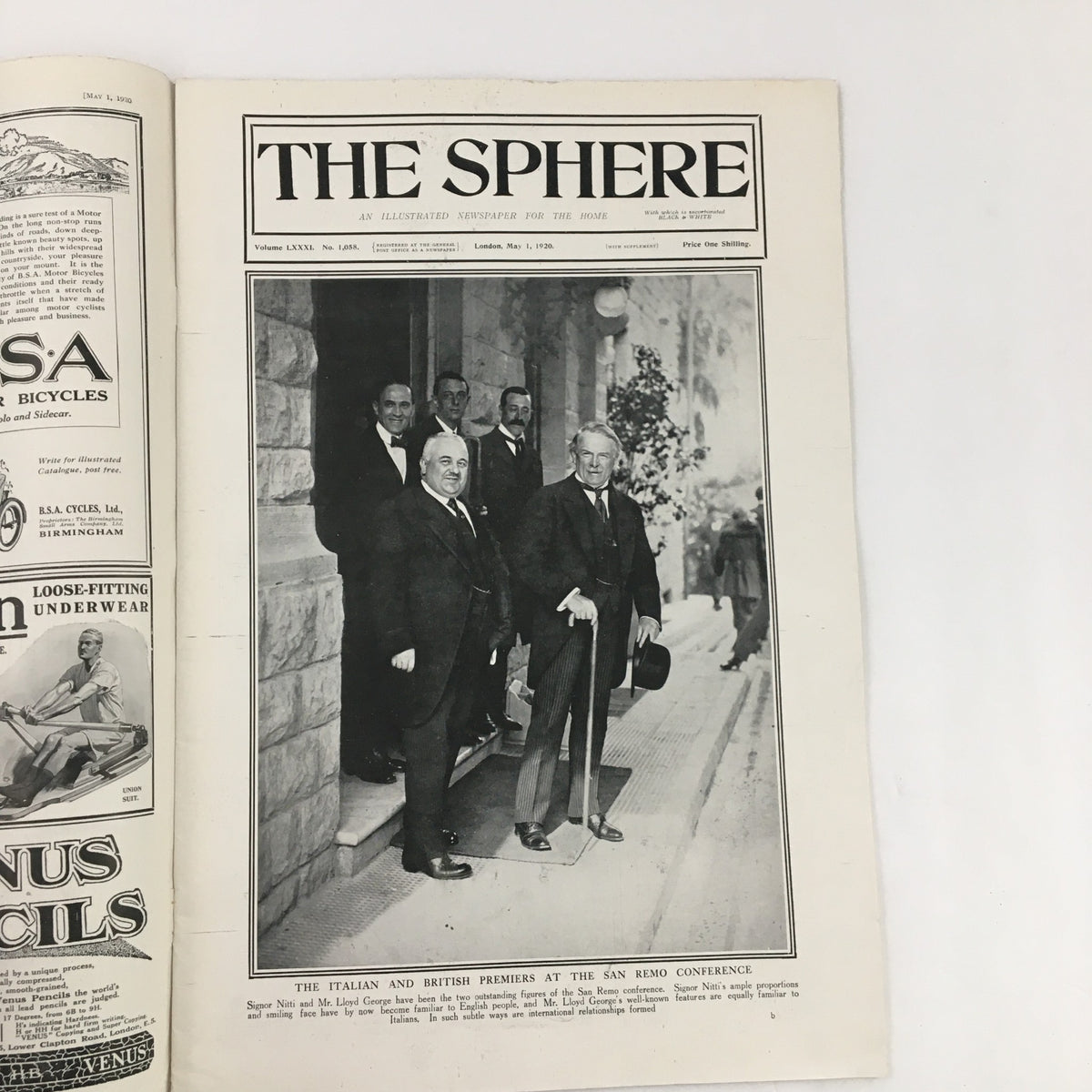 The Sphere Newspaper from May 1, 1920, showcasing Signor Niti and Mr. Lloyd George at the San Reno Conference, highlighting early 20th-century political figures and events.