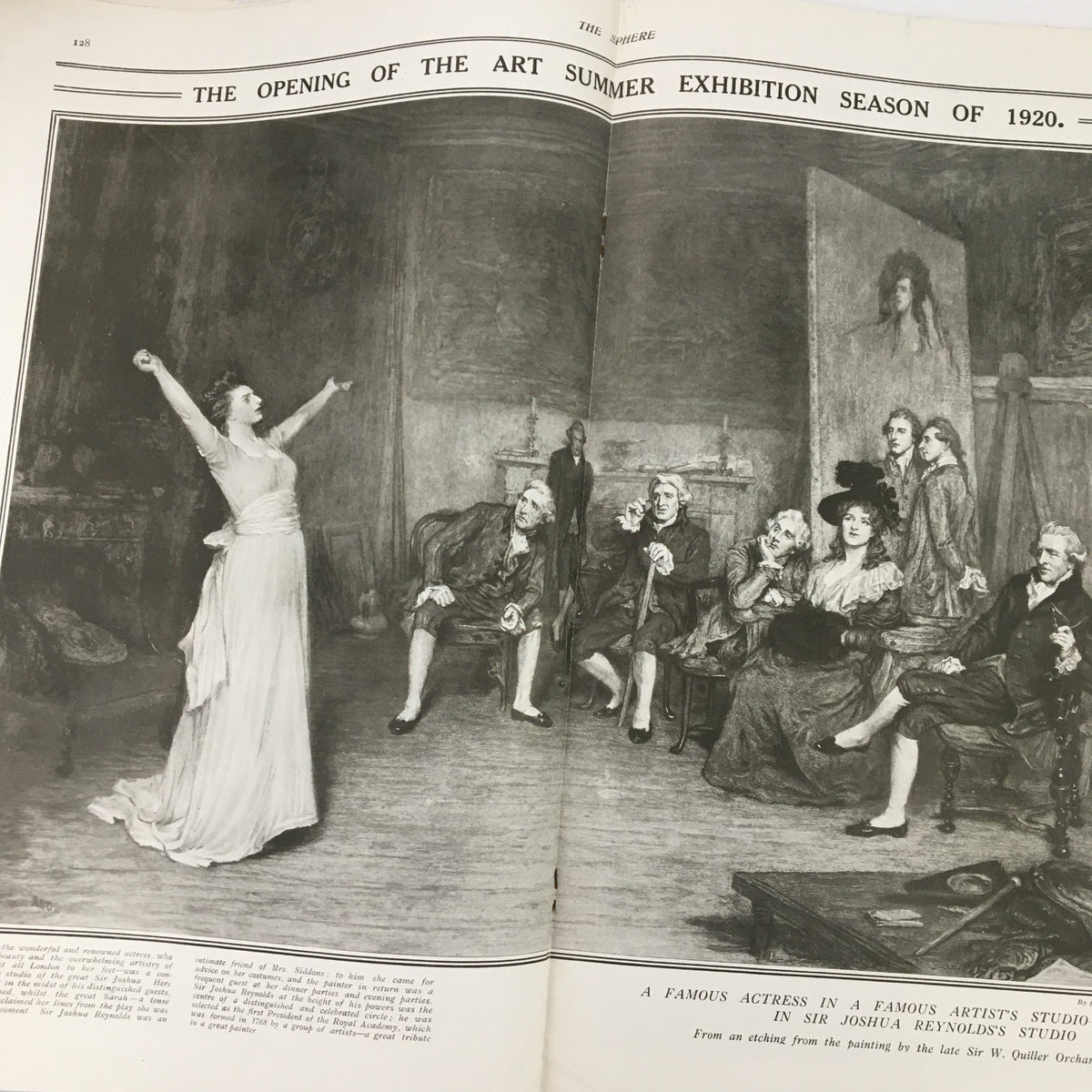 An interior page from The Sphere Newspaper May 1, 1920, depicting a scene from the Art Summer Exhibition season with an actress and audience.