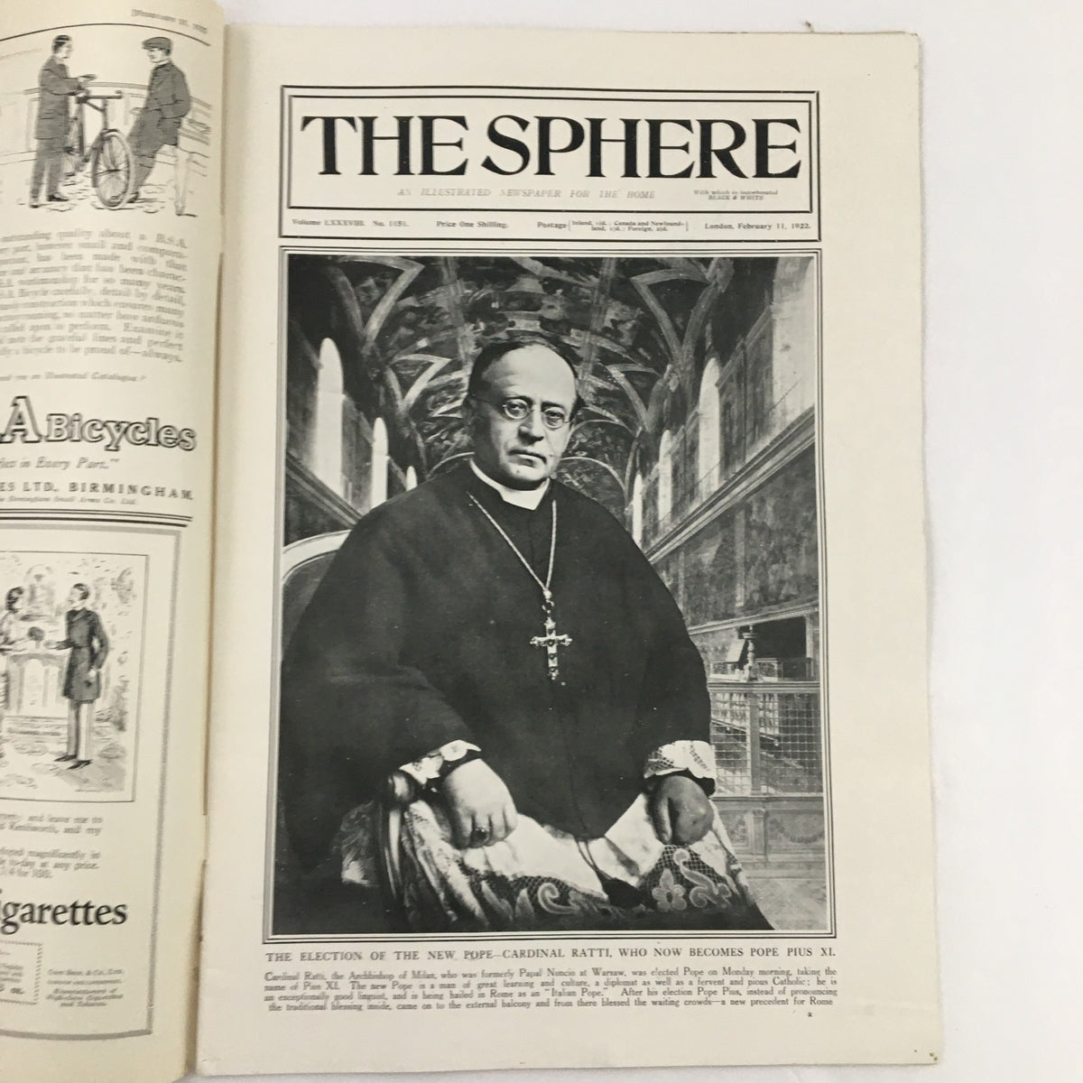The Sphere Newspaper February 11, 1922 featuring an illustration of Cardinal Ratti, elected Pope Pius XI, capturing the historical moment of papal election.