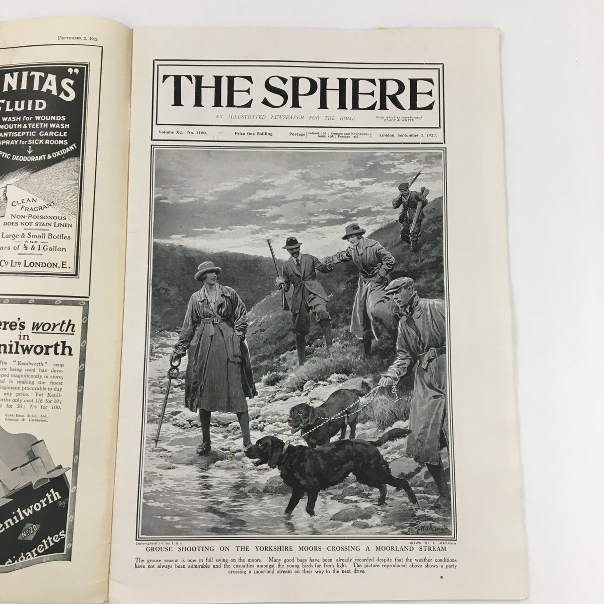 The Sphere Newspaper September 2 1922 featuring an illustration of grouse shooting on the Yorkshire Moors, showcasing hunters with dogs in a moorland setting.