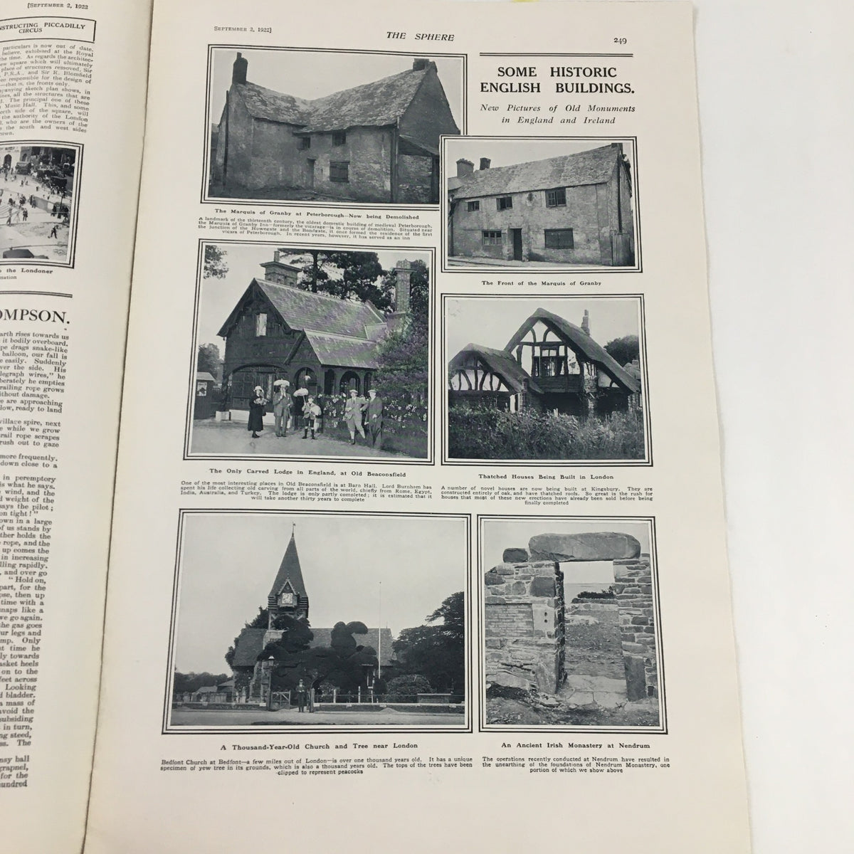 Inside page of The Sphere Newspaper September 2, 1922 showcasing historic English buildings with pictures.