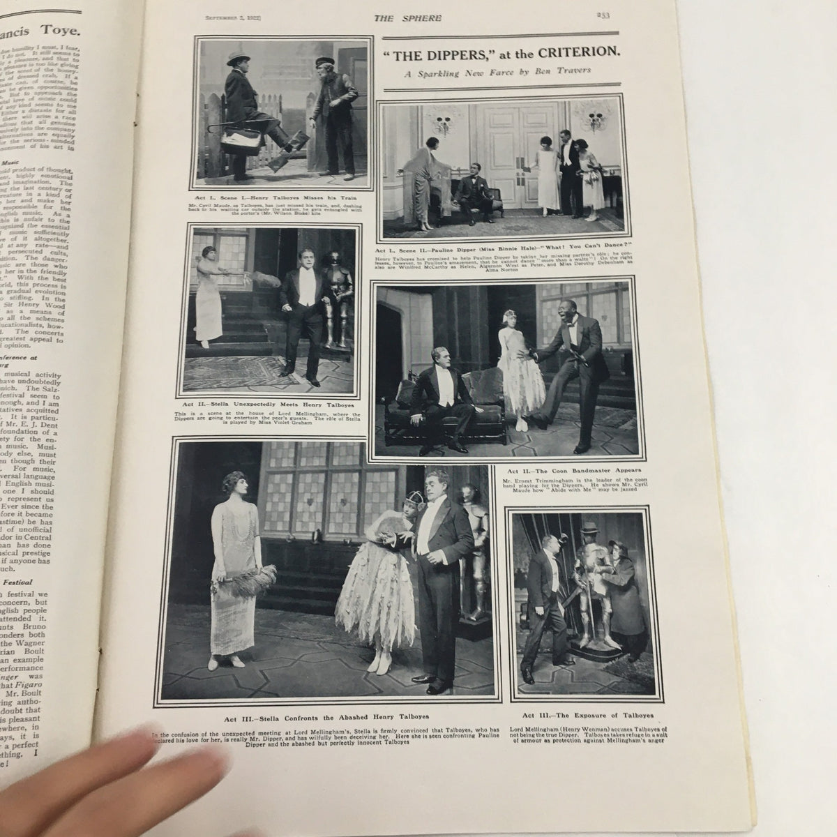 Inside page of The Sphere Newspaper September 2, 1922 featuring a theater performance review titled 'The Dippers'.