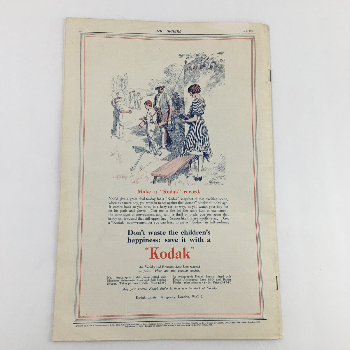 Back cover of The Sphere Newspaper September 2, 1922 promoting Kodak cameras with a vintage illustration.