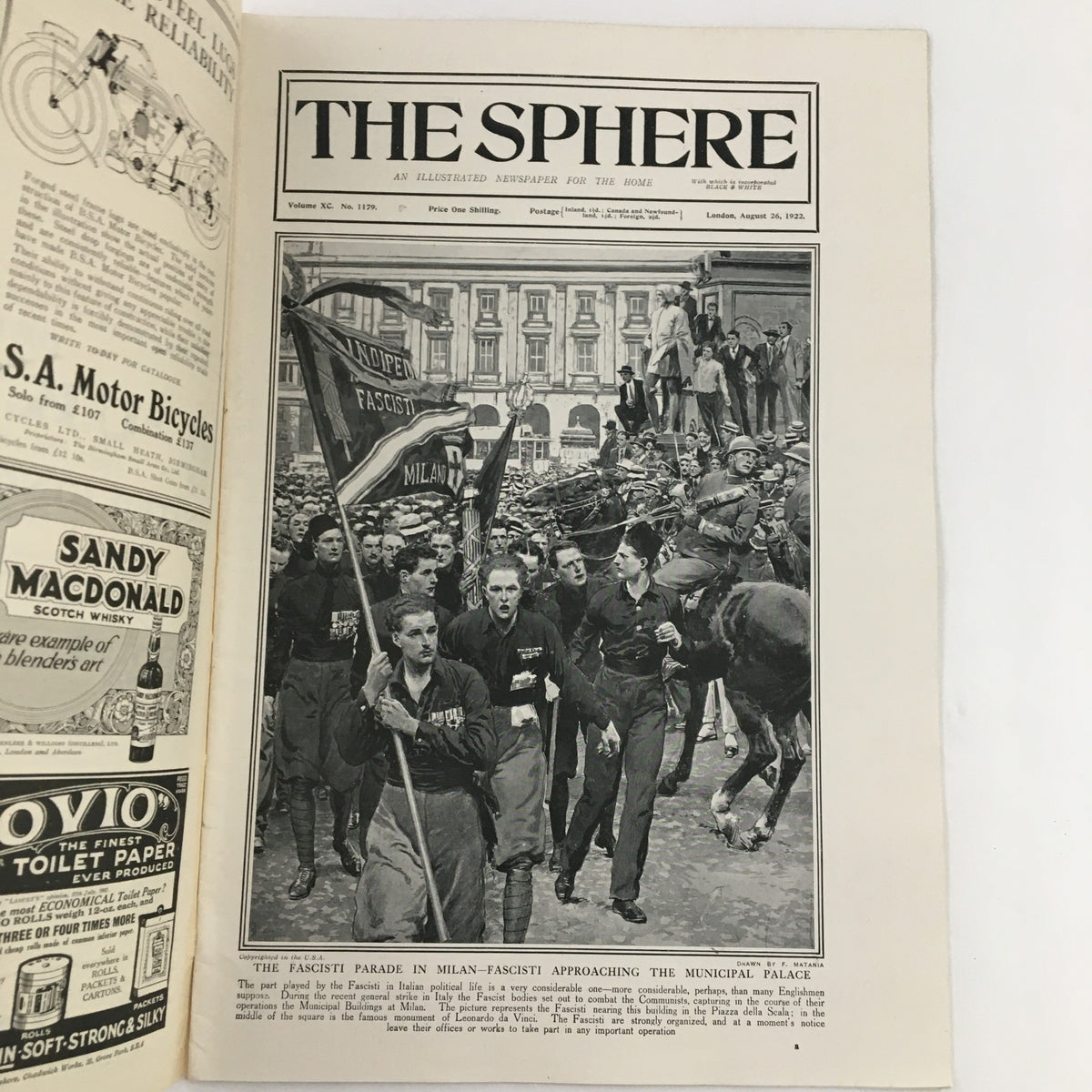 The Sphere Newspaper, April 26, 1922, showcasing the Fascisti Parade in Milan approaching the Municipal Palace, a significant event in Italian history.