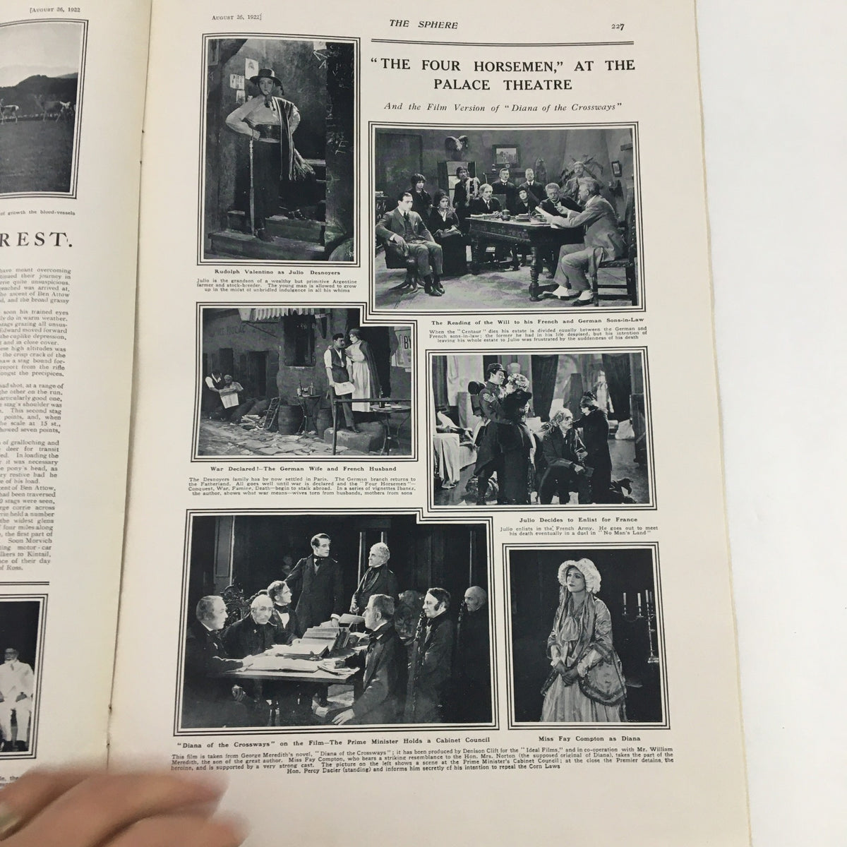 Interior page of The Sphere Newspaper highlighting 'The Four Horsemen' at the Palace Theatre with multiple images, dated August 1912.