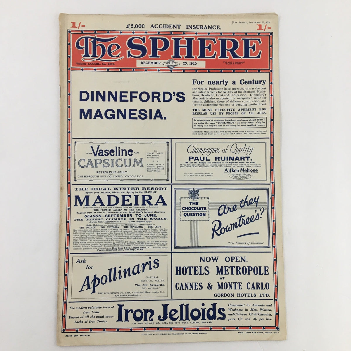 The Sphere Newspaper December 25 1920 showcasing the cover page with advertisements and headlines, illustrating the vintage newspaper design and layout.