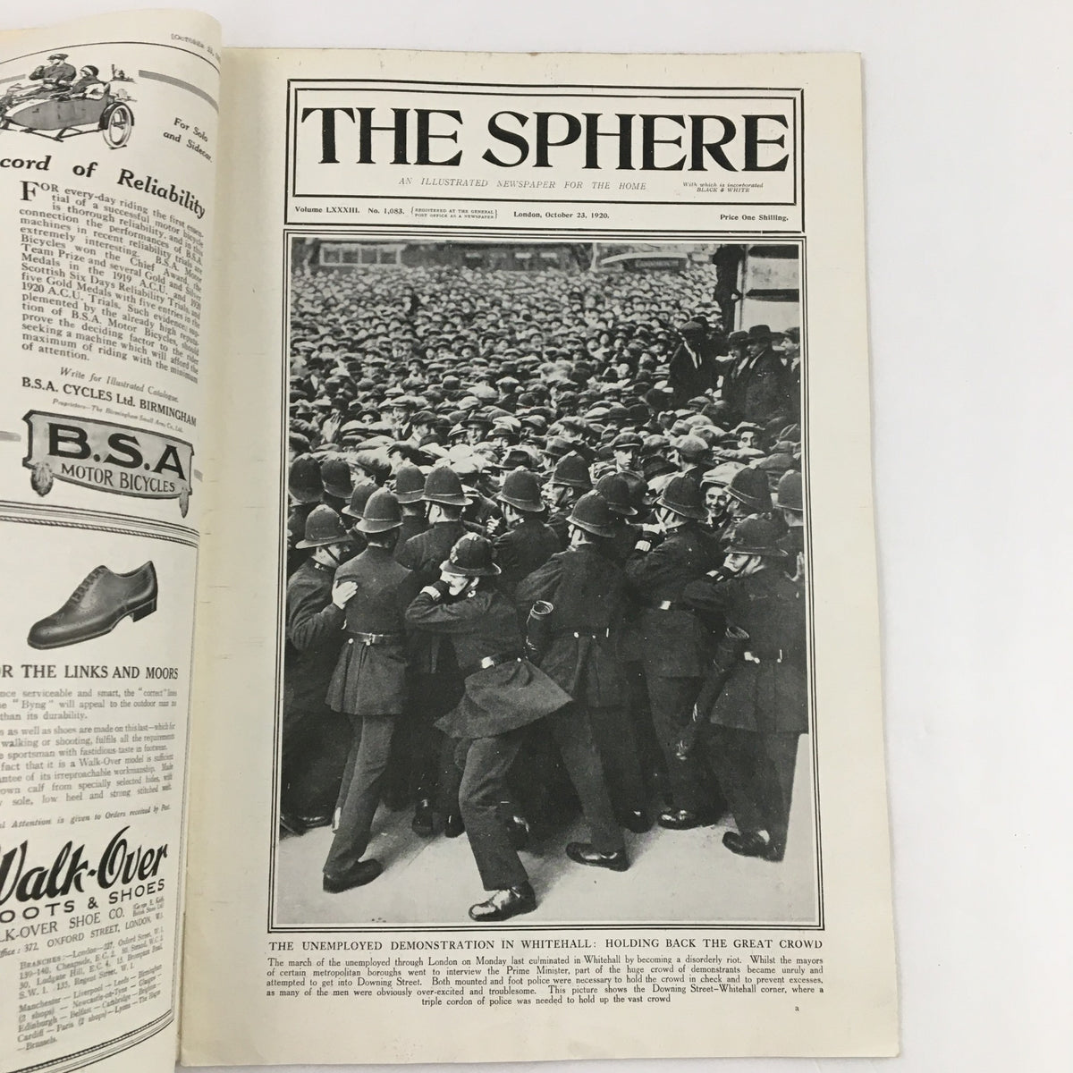 The Sphere Newspaper October 23, 1920, featuring the Unemployed Demonstration in Whitehall, showcasing a large gathering of demonstrators.
