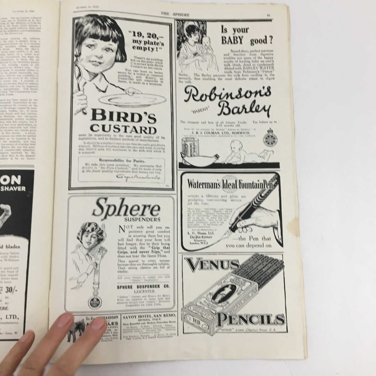 The Sphere Newspaper October 23, 1920, showcasing advertisements, including Bird's Custard and Venus Pencils, reflecting the products of the era.