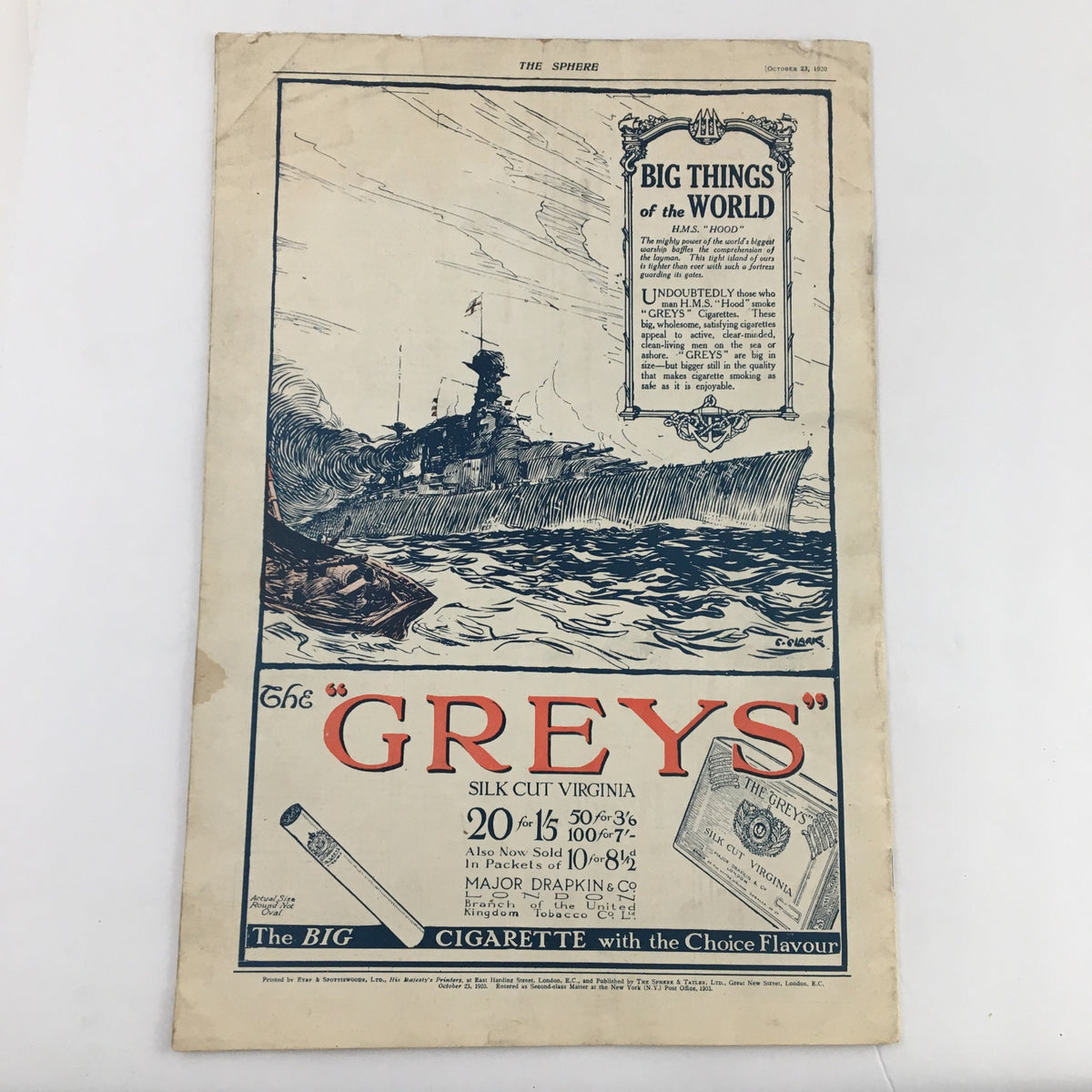 The Sphere Newspaper October 23, 1920, presenting an advertisement for The Greys silk cut Virginia cigarettes, illustrating early 20th-century marketing.