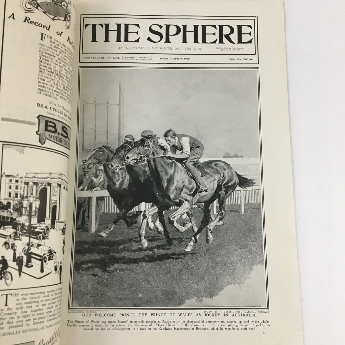 The Sphere Newspaper October 9, 1920 featuring an illustration of the Prince of Wales as a jockey in Australia, capturing a historical moment in royal sporting culture.