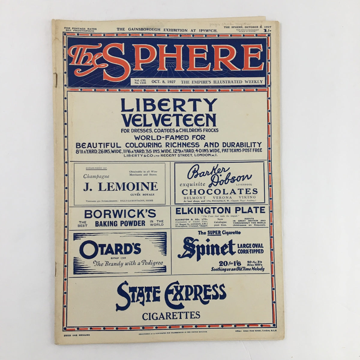 The Sphere Newspaper October 8, 1927, displaying advertisements including Liberty Velvetens and Borwick's Baking Powder, highlighting vintage marketing art.