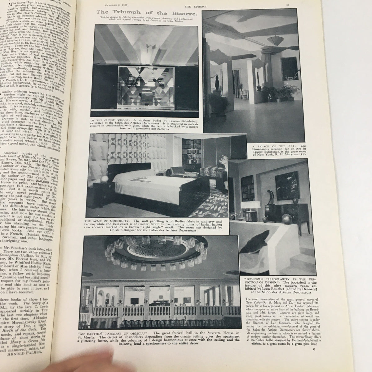 The Sphere Newspaper October 8, 1927 page featuring The Triumph of the Bizarre, with images of vintage interior designs.