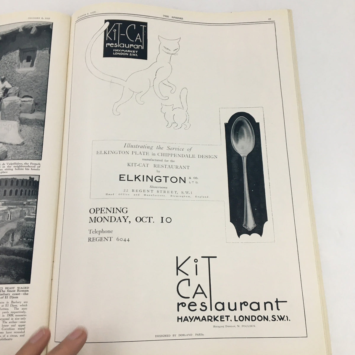 The Sphere Newspaper October 8, 1927 advertisement for Kit-Cat Restaurant, featuring artistic design elements, and showcasing restaurant services.