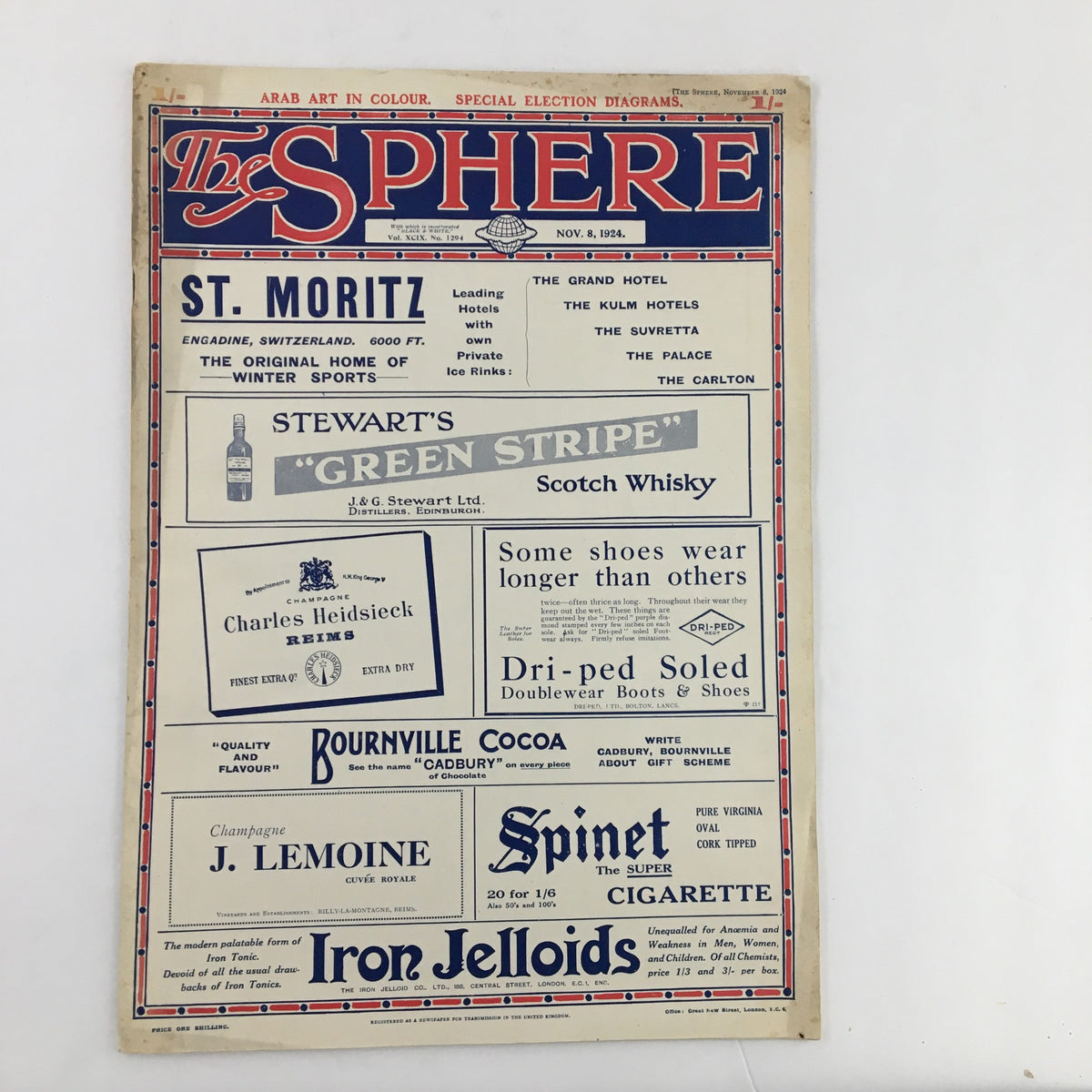 The Sphere Newspaper November 8 1924 cover showcasing advertisements and announcements, including St. Moritz and various products.