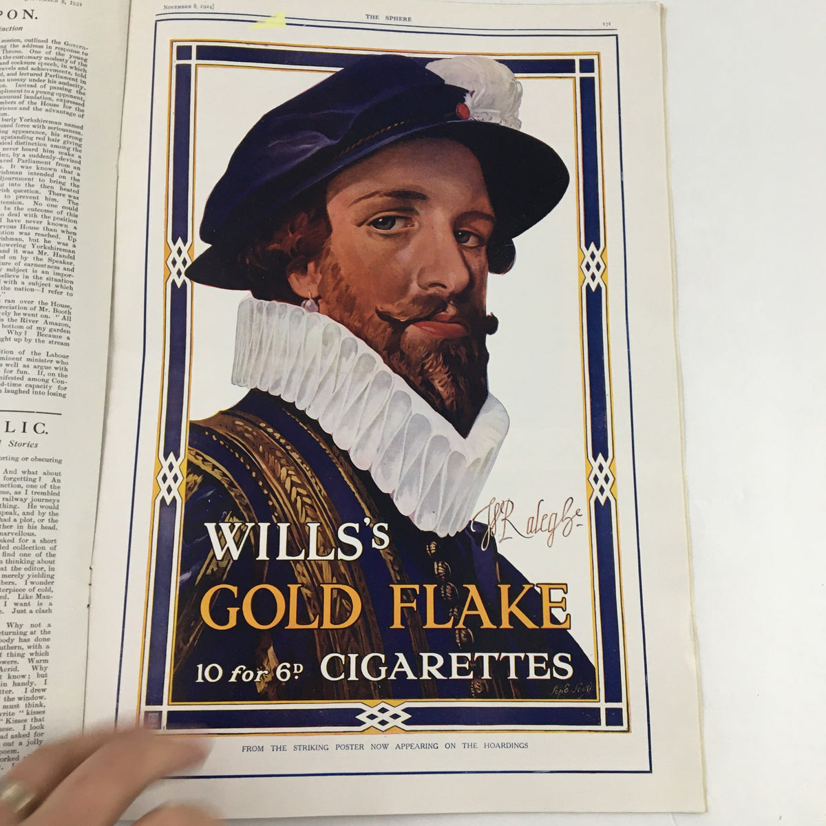 The Sphere Newspaper November 8 1924 page displaying an advertisement for Wills's Gold Flake cigarettes with a historical portrait.