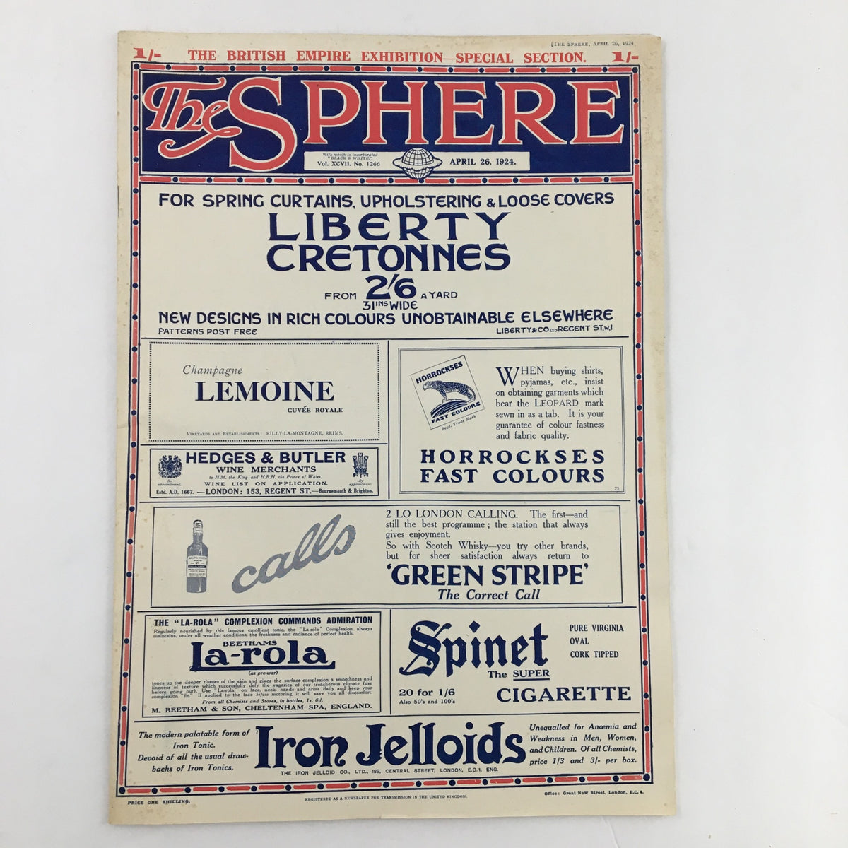 The Sphere Newspaper April 26 1924 cover showcasing promotional designs for fabrics, including Liberty Cretone, under the British Empire Exhibition special section.