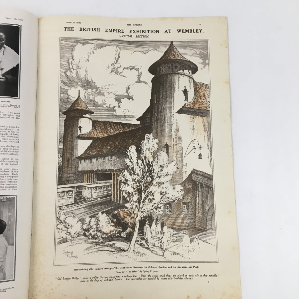 Inside page from The Sphere Newspaper April 26 1924 illustrating the British Empire Exhibition at Wembley with detailed architectural drawings.