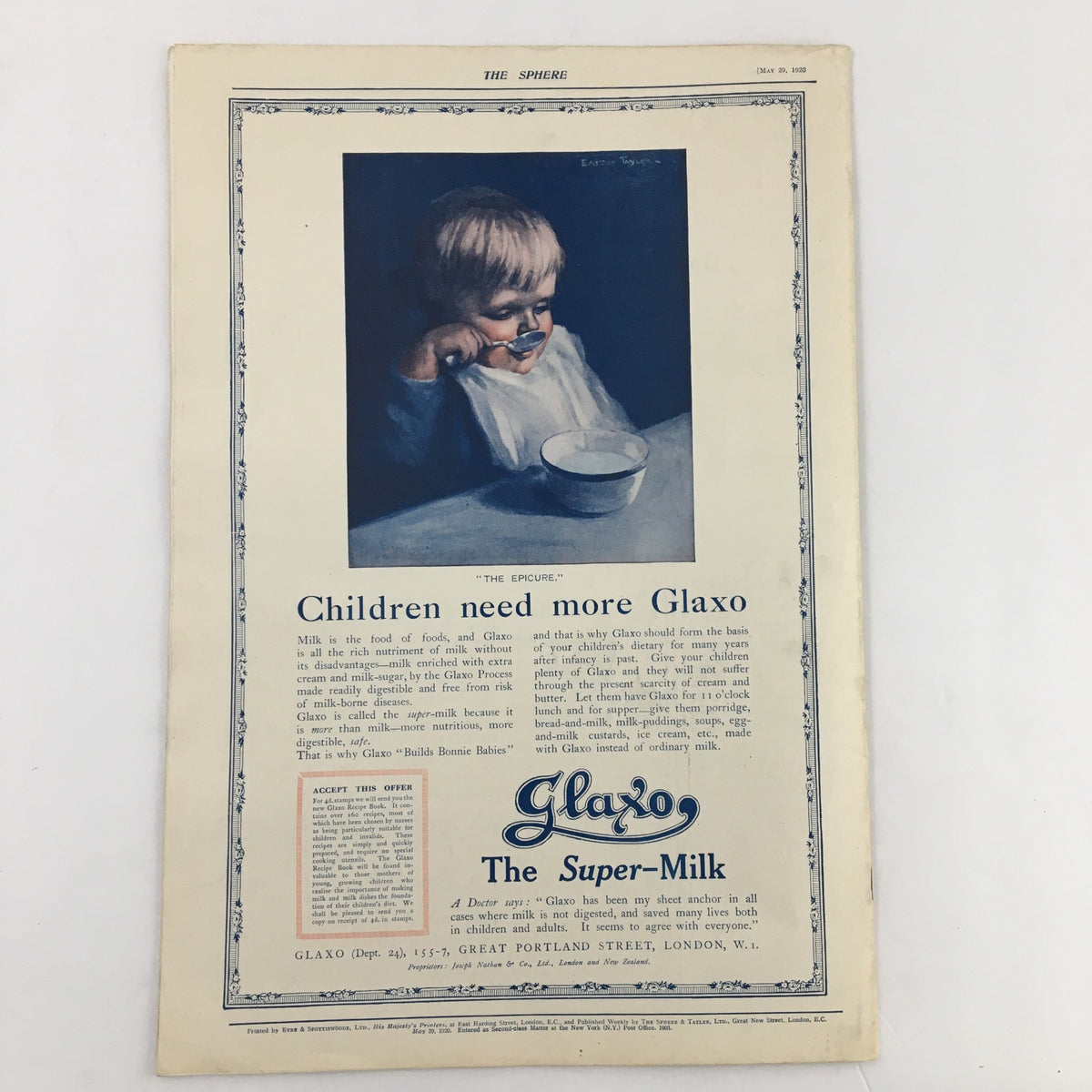 The Sphere Newspaper May 29 1920 The Children's Procession Passing Manchester - Ad featuring a child enjoying Glaxo Super-Milk, promoting nutritional benefits.