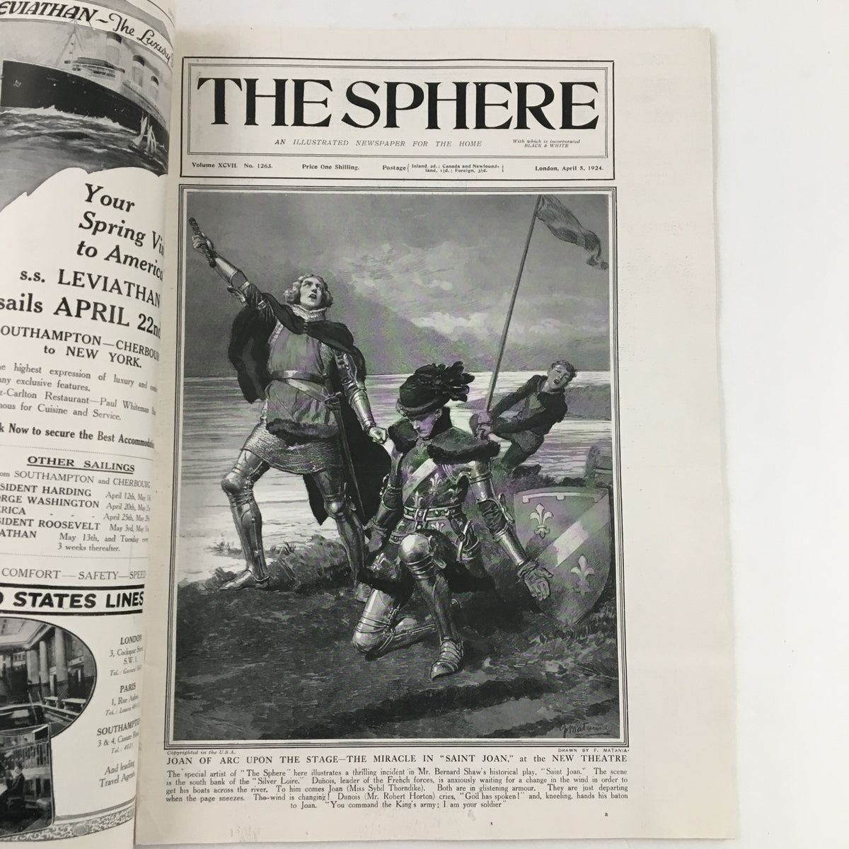 The Sphere Newspaper April 5, 1924 featuring the striking illustration of Joan of Arc with the headline 'The Miracle in Saint Joan'.