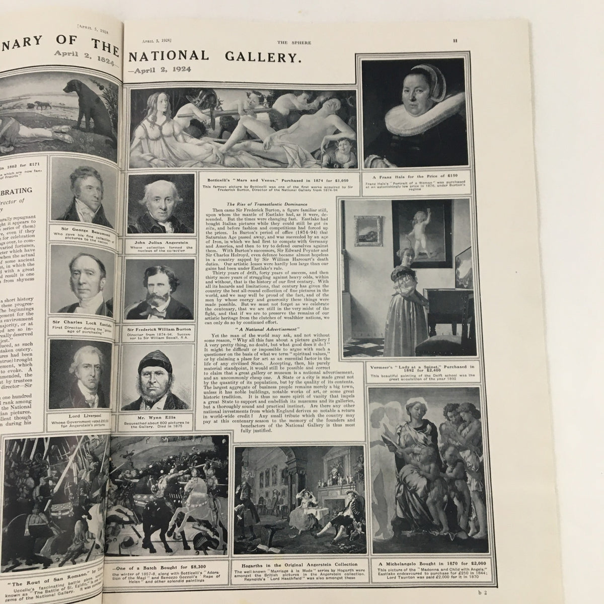 Interior page of The Sphere Newspaper April 5, 1924 displaying a gallery featuring notable paintings and artists, promoting cultural events.
