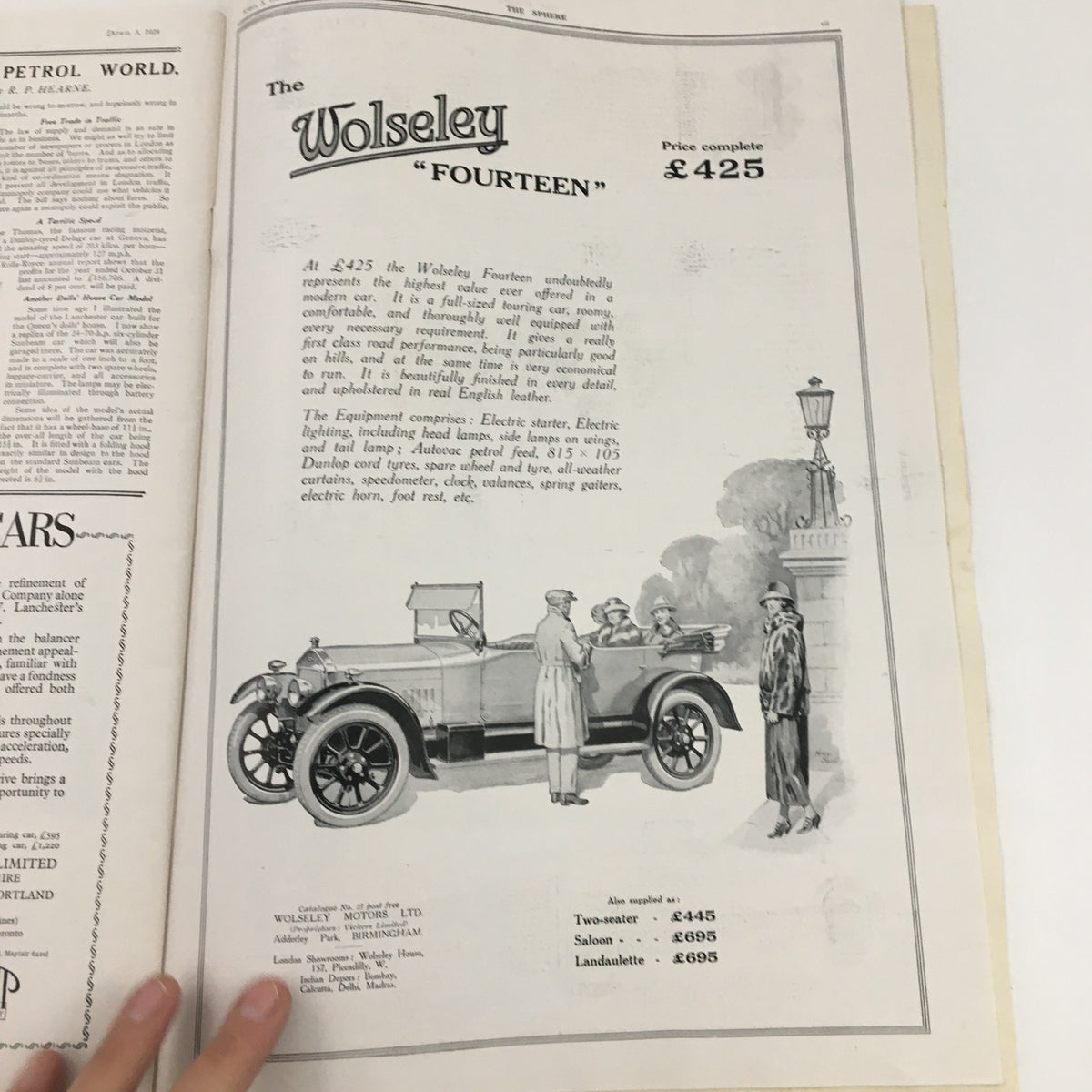 The Sphere Newspaper April 5, 1924 highlighting a vintage advertisement for the Wolseley 'Fourteen' automobile with detailed pricing.
