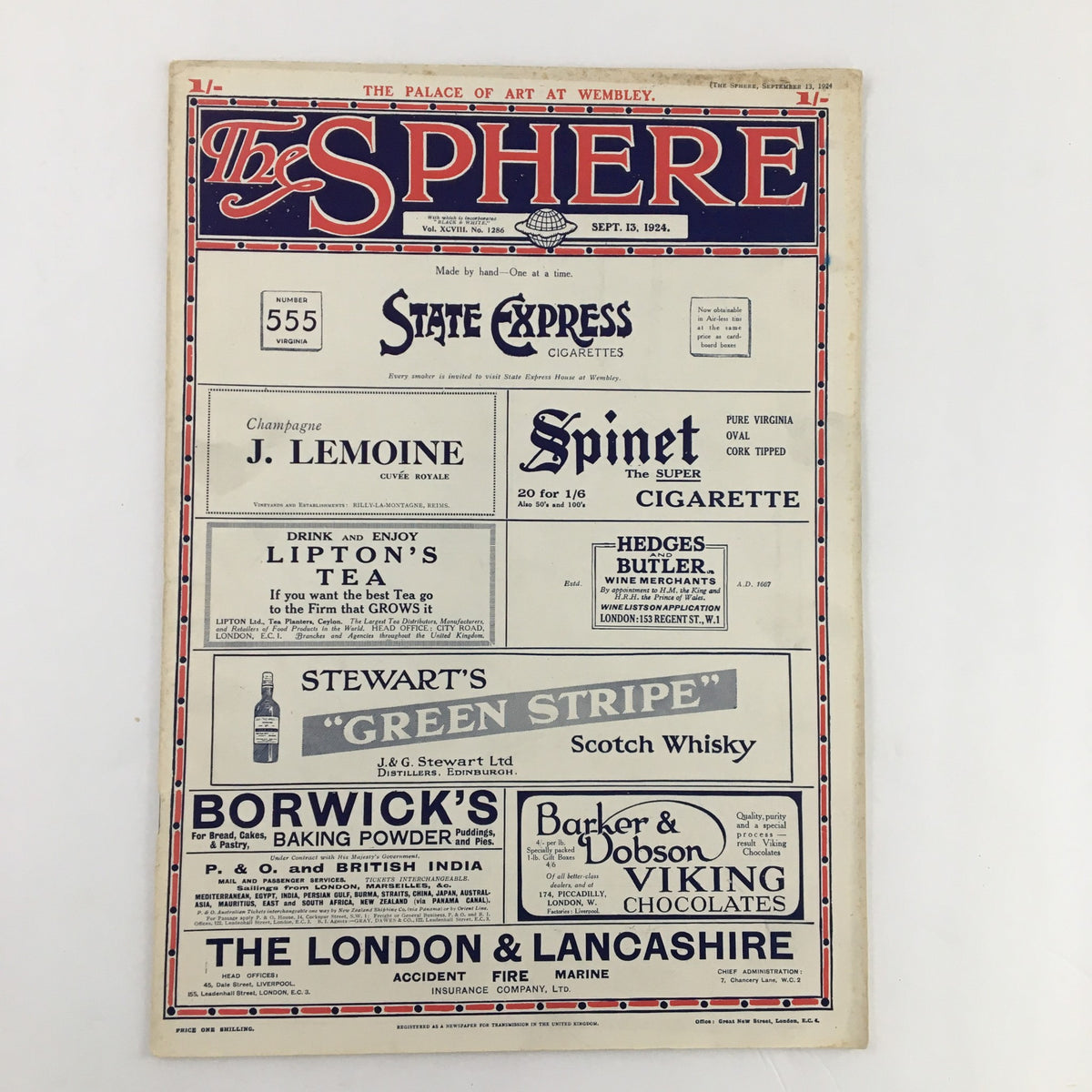 Front page of The Sphere Newspaper dated September 13, 1924, showcasing advertisements from various brands underneath the prominent title of the newspaper.
