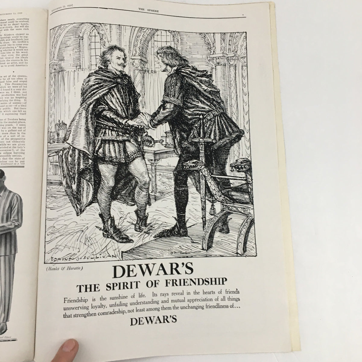 Illustration from The Sphere Newspaper September 13, 1924, depicting two men shaking hands symbolizing friendship, accompanied by the text 'Dewar's The Spirit of Friendship'.