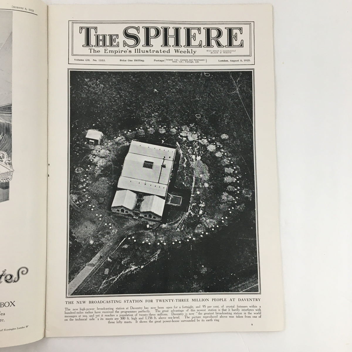The Sphere Newspaper front page from August 8, 1925, featuring The New Broadcasting Station for Twenty-Three Million People at Daventry. An illustration captures the historical significance of early radio broadcasting.