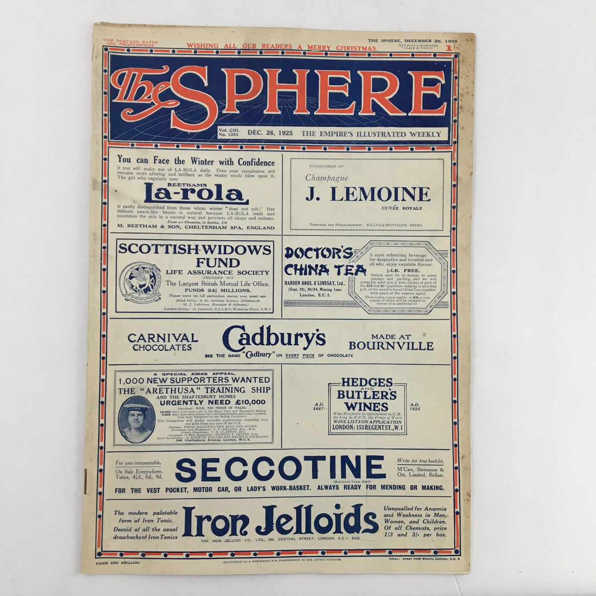 The Sphere Newspaper December 26, 1925 front page showcasing advertisements and features including la-rola, Scottish Widows Fund, and Cadbury's.